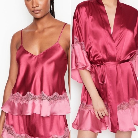 Victoria's Secret Other - 2 Piece Matching Set: XS/S Robe + Small Cami and Short Set PJ Ruffle Satin Lace